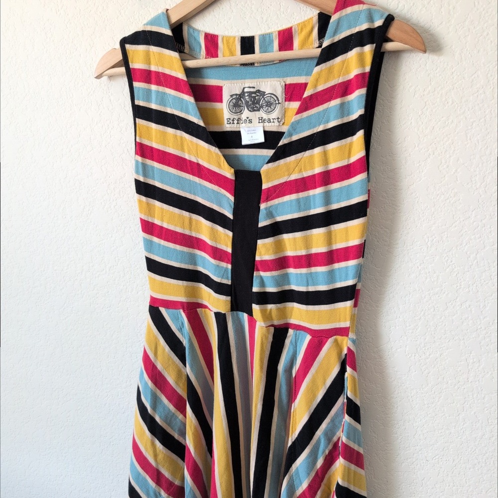 Effies Heart Striped Midi Dress V-Neck Pockets Small Maximalist Retro Dopamine - Picture 5 of 8